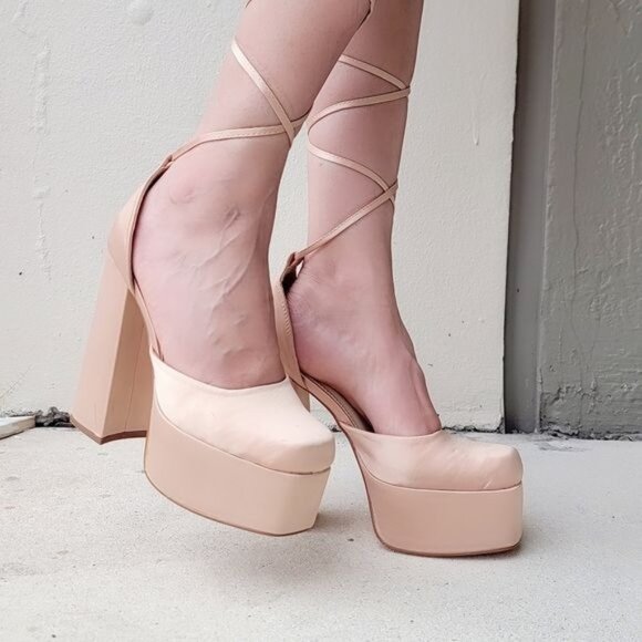 Shoes - Womens Lace Up High Heels Platform Sandals Champagne Color